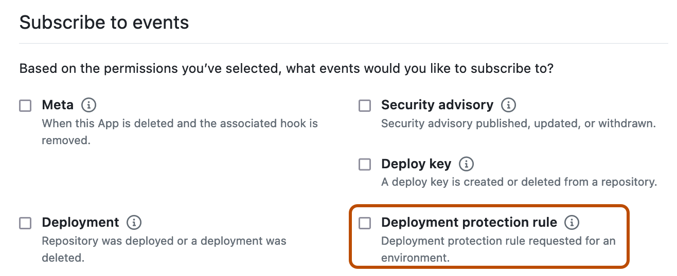 Screenshot of the "Subscribe to events section" section for a new GitHub App. The checkbox for the Deployment protection rule is outlined in orange.