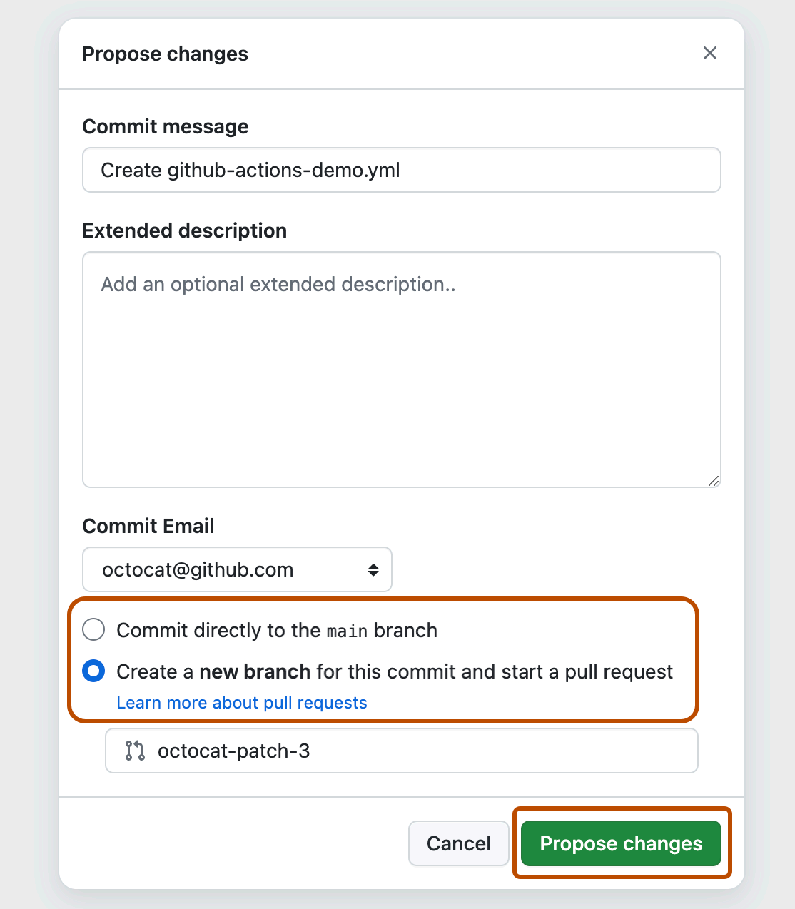 Screenshot of the "Propose changes" dialog with the areas mentioned highlighted with an orange outline.